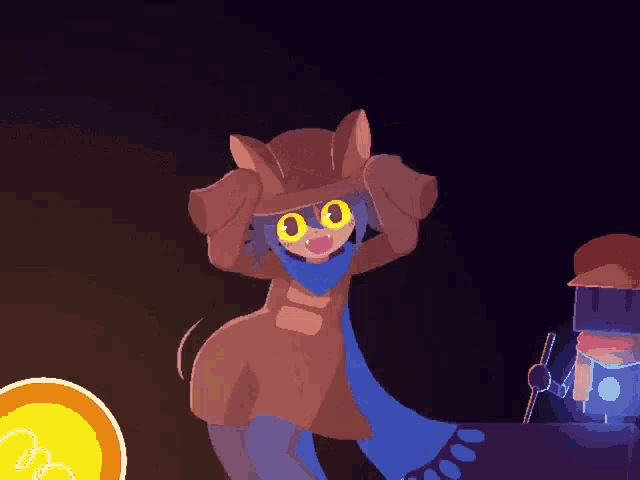 a pixel art drawing of a cartoon character with yellow eyes